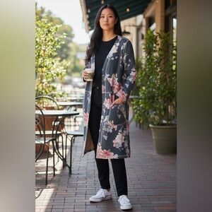 Floral Longline Open-Front Blazer Jacket - Dark Gray with Pink Bloom